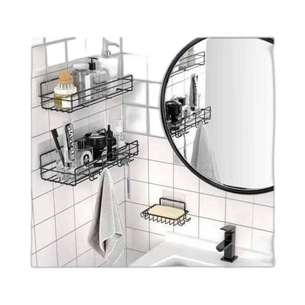 Steel Self-Adhesive Multipurpose Bathroom Shelf with Hooks/Towel Holder/Rack/Bathroom Accessories - Wall Mount|Type -278 for Home and Kitchen
