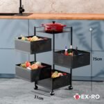 TEX-RO Kitchen Trolley with Wheels | 4-Layer Metal Vegetable Basket Stand & Kitchen Storage Rack | Multipurpose Kitchen Organizer for Onion Potato Storage (Black)