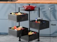TEX-RO Kitchen Trolley with Wheels | 4-Layer Metal Vegetable Basket Stand & Kitchen Storage Rack | Multipurpose Kitchen Organizer for Onion Potato Storage (Black)