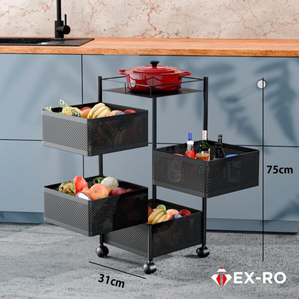 TEX-RO Kitchen Trolley with Wheels | 4-Layer Metal Vegetable Basket Stand & Kitchen Storage Rack | Multipurpose Kitchen Organizer for Onion Potato Storage (Black)