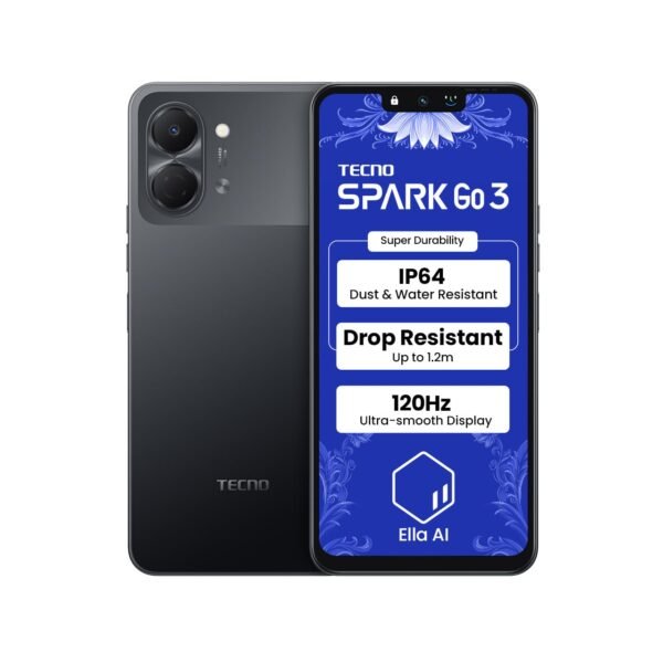 Tecno Spark GO 3 (Ink Black, 4GB+64GB | Super Durability Drop Resistant & IP64 Rated | Make Calls Without Network* |Ella Al in Your Own Language | Super Smooth 120Hz 6.74" Display |5000mAh Battery