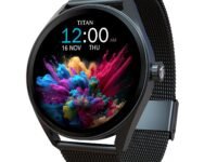 Titan Crest 1.43” AMOLED Smart Watch with BT Calling, AI Morning Briefs, Functional Crown, Health Tracking, Aluminium Body, 100+ Sports Modes, Smartwatch for Men and Women - Black Mesh Strap