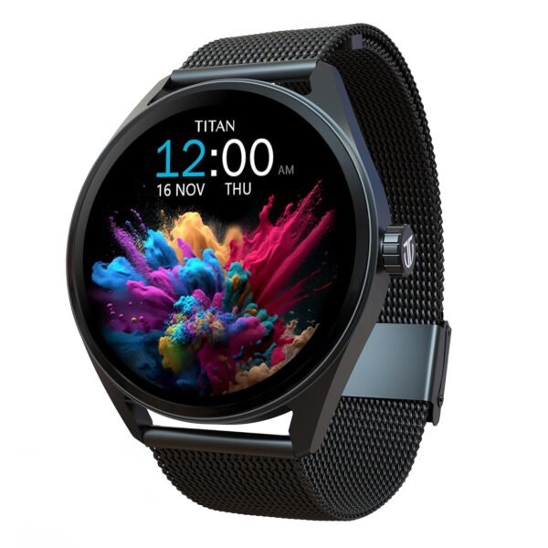 Titan Crest 1.43” AMOLED Smart Watch with BT Calling, AI Morning Briefs, Functional Crown, Health Tracking, Aluminium Body, 100+ Sports Modes, Smartwatch for Men and Women - Black Mesh Strap