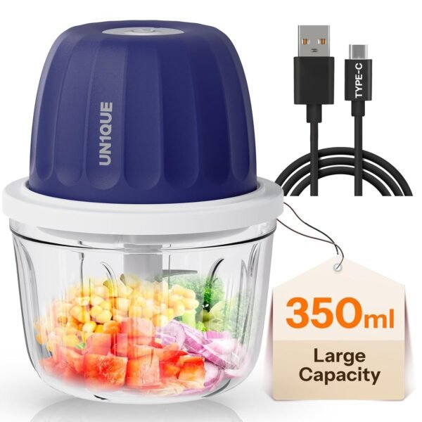 UN1QUE 350ML Rechargeable Mini Electric Chopper for Kicthen Use | One-Touch Operation | 304 Stainless Steel Blades | Chopper Electric for Chop, Mince, Puree, Whisk, Grind (Blue)