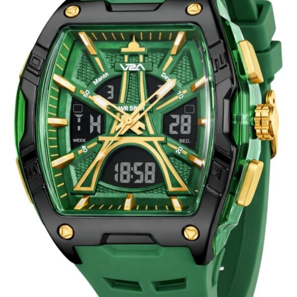 V2A Impact 48mm Analog Digital Watch for Men | 3D Tower Dial Design | Alarm Stopwatch Day Date 12/24 Hr | TPU Strap | 50M Water Resistant | Gift for Mens