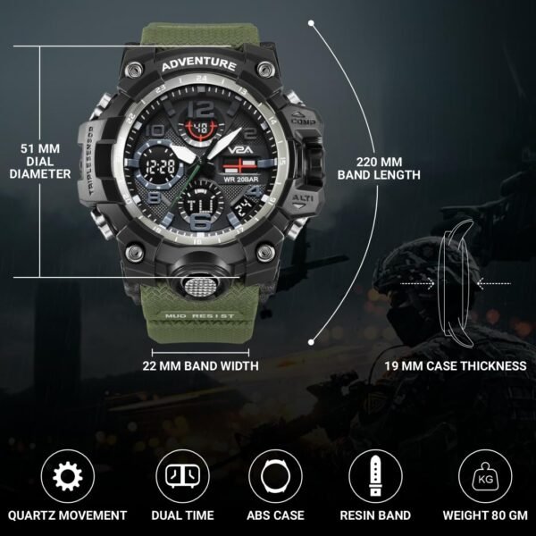 V2A Military Green Chronograph Analogue and Digital Sports Watch for Men and Boys