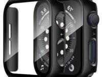 VEMIGON Hard PC Case Compatible with Apple Watch SE3/SE2/SE/Series 6/5/4 44mm with Tempered Glass Screen Protector, Overall Protection Slim Bumper Cover for iWatch - (44mm Black)