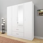 VIKI Wardrobe | Wooden Almirah for Clothes,Door for Bedroom, 4 Door Wardrobe with Drawer, Mirror & Hanging Space (Frosty White - 40D x 160W x 180H) | 1 Year Warranty | Free Assembly