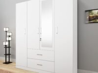 VIKI Wardrobe | Wooden Almirah for Clothes,Door for Bedroom, 4 Door Wardrobe with Drawer, Mirror & Hanging Space (Frosty White - 40D x 160W x 180H) | 1 Year Warranty | Free Assembly