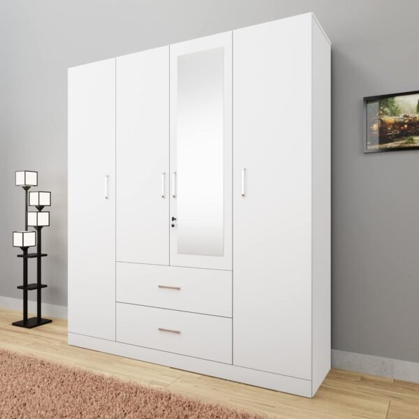 VIKI Wardrobe | Wooden Almirah for Clothes,Door for Bedroom, 4 Door Wardrobe with Drawer, Mirror & Hanging Space (Frosty White - 40D x 160W x 180H) | 1 Year Warranty | Free Assembly