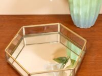 Vintage Glass & Brass Vanity Tray, Hexagonal Home Table Decoration, Makeup Organizer, Vanity Tray, Brass Gold 8x9x1.5 Inches