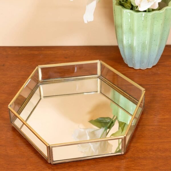 Vintage Glass & Brass Vanity Tray, Hexagonal Home Table Decoration, Makeup Organizer, Vanity Tray, Brass Gold 8x9x1.5 Inches