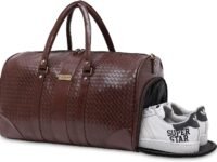 Weekender Duffle Bag with Shoe Pocket for Travel for Men and Women Made of Textured Leatherette with Attachable Shoulder Strap Cabin Bag, Brown, L, Luggage