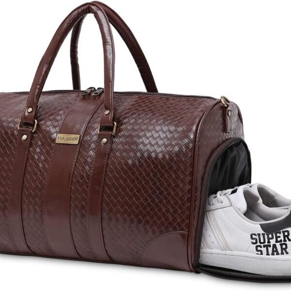 Weekender Duffle Bag with Shoe Pocket for Travel for Men and Women Made of Textured Leatherette with Attachable Shoulder Strap Cabin Bag, Brown, L, Luggage