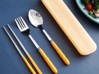 Wolpin Cutlery Set for Lunch Box 3 Pcs | Stainless Steel Spoon Fork Chopsticks with Travel Box | Reusable Portable Tableware for Office Home School Kids Yellow 21 cm
