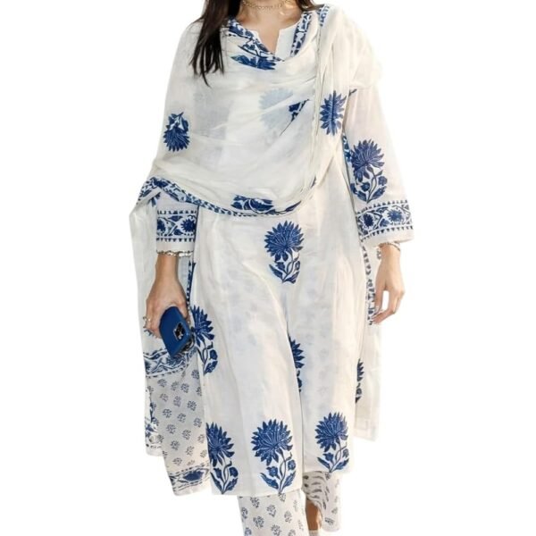 Women's Hand Block Floral Printed Straight Kurta Set with Palazzo Pants & Dupatta Ethnic Kurta Set for Casual Outings Day Events Summer Wear Festive