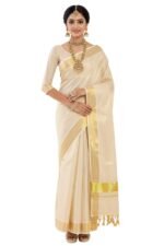Women’s Kerala Tissue Plain Saree with Running Blouse| Onam & Vishu Kani Special | Traditional Kasavu White Colour