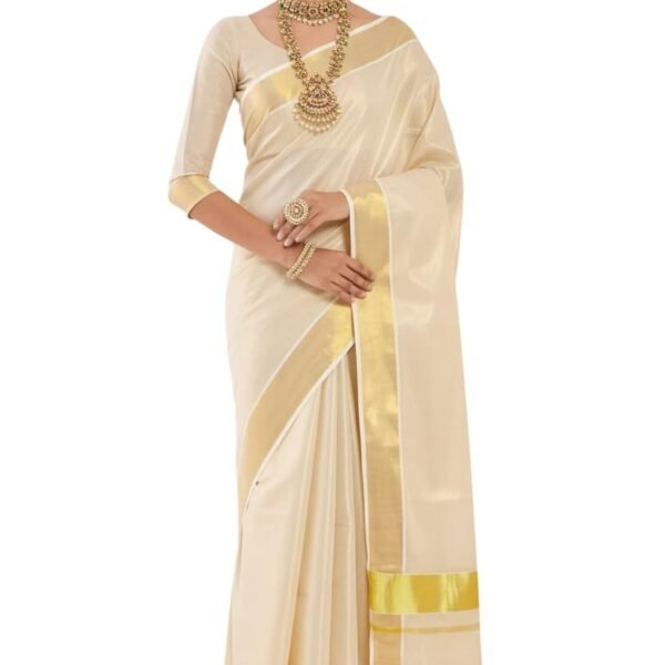 Women’s Kerala Tissue Plain Saree with Running Blouse| Onam & Vishu Kani Special | Traditional Kasavu White Colour