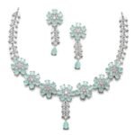 ZENEME Rhodium-Plated White American Diamond Necklace Set with Earrings for Women & Girls Sky Blue Leaf AD Jewellery Set For Womens