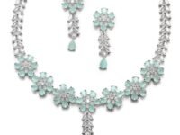 ZENEME Rhodium-Plated White American Diamond Necklace Set with Earrings for Women & Girls Sky Blue Leaf AD Jewellery Set For Womens
