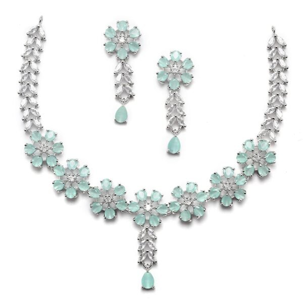 ZENEME Rhodium-Plated White American Diamond Necklace Set with Earrings for Women & Girls Sky Blue Leaf AD Jewellery Set For Womens