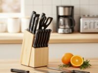amazon basics Stainless Steel Knife Set with High-carbon Blades and Pine Wood Block, 14 Pieces