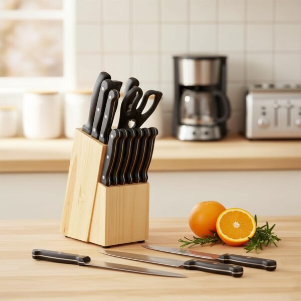 amazon basics Stainless Steel Knife Set with High-carbon Blades and Pine Wood Block, 14 Pieces