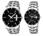 jainx Day Date Feature Silver Steel Chain Gift Set Analog Wrist Watch for Couple - JC458