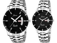 jainx Day Date Feature Silver Steel Chain Gift Set Analog Wrist Watch for Couple - JC458