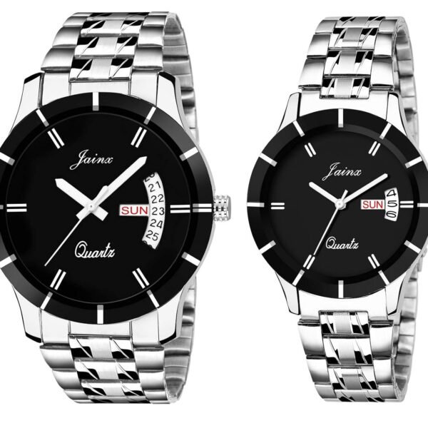 jainx Day Date Feature Silver Steel Chain Gift Set Analog Wrist Watch for Couple - JC458
