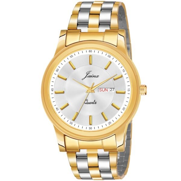 jainx Premium Golden Chain Day and Date Feature Analog Wrist Watch for Men (Golden/White/Black Color Dial)
