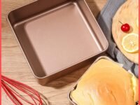 wolpin Non Stick Baking Tin Square Pan (22.5 x 22.5 x 4.5 CM) | Baking Tray for Microwave Oven Cake Brownie Bread | Durable Rose Gold Mould for Home Baking Essentials