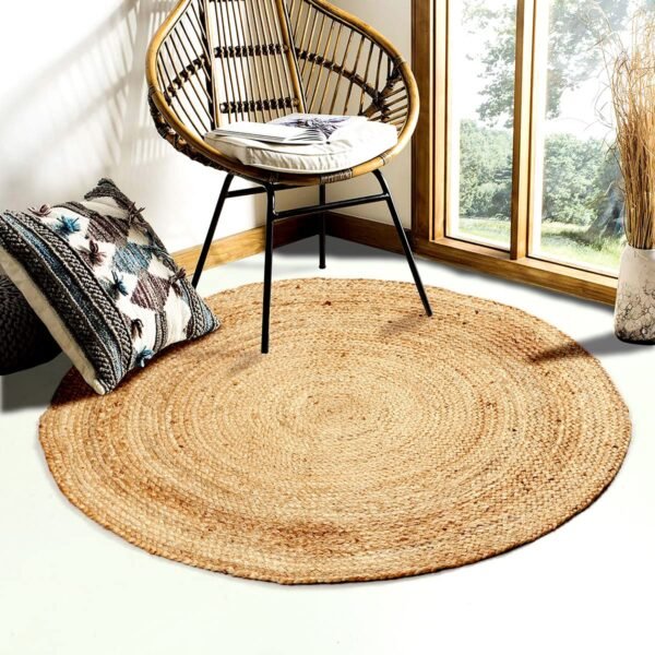 100% Jute Area Rug 3’- Hand Crafted Natural Fiber- Farmhouse Indoor | Outdoor Beautiful Style for Living & Bedroom- Braided Carpet for Accent Floor Coverings(Round) (Solid Jute)