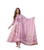MANHAREE Women's Cotton Anarkali Pink Kurta Pant with Dupatta Set