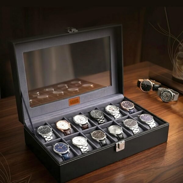 LEDO Men's and Women's Watch Box Holder Organizer Case In 12 Slots of watches In PU Leather with Black & Gray