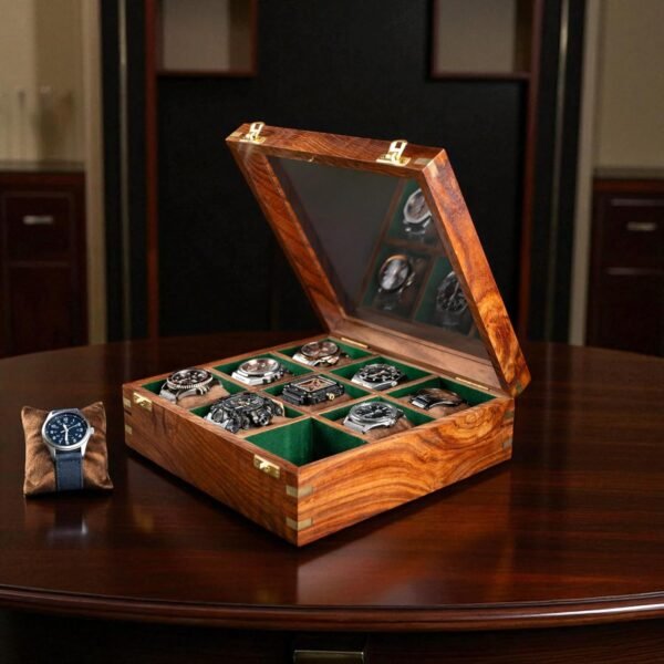 Watch Box Organizer for Men, Wooden Watch Display Case, Vintage Rosewood Brown Finish, Glass Top, Soft Velvet Lining, Luxury Watch Storage Box, Gift for Husband, Dad, Collector (Cocoa Brown)
