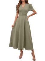 Shasmi Girl's & Women's Solid Color V-Neck A-Line Maxi Dress for Women | New Year Party Outfit | Waist Cinched Puff Sleeve Western | Elegant Casual Wear (Dress 246)