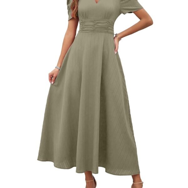 Shasmi Girl's & Women's Solid Color V-Neck A-Line Maxi Dress for Women | New Year Party Outfit | Waist Cinched Puff Sleeve Western | Elegant Casual Wear (Dress 246)