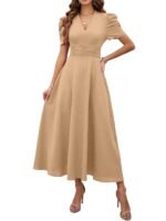Shasmi Girl's & Women's Solid Color V-Neck A-Line Maxi Dress for Women | New Year Party Outfit | Waist Cinched Puff Sleeve Western | Elegant Casual Wear (Dress 246)