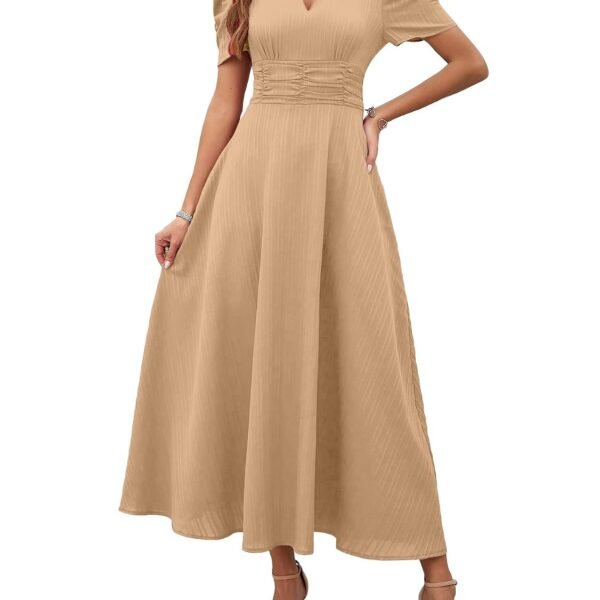 Shasmi Girl's & Women's Solid Color V-Neck A-Line Maxi Dress for Women | New Year Party Outfit | Waist Cinched Puff Sleeve Western | Elegant Casual Wear (Dress 246)