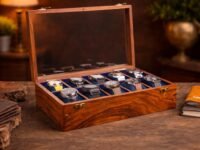 Vintage Rosewood Premium 10 slot Mens Watch Box Display Case - Luxury finish, Velvet Cushions - Glass lid and Velvet Interior Keep Watches Safe, Organized, Dust-Free - Luxury home for watches.