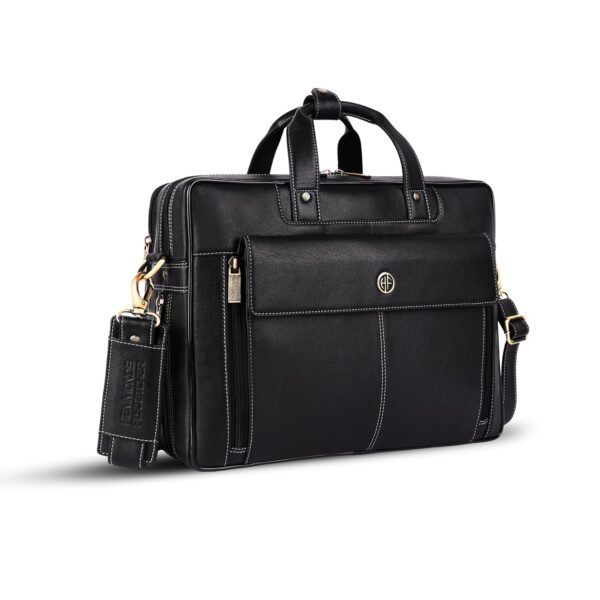 HAMMONDS FLYCATCHER Genuine Leather Office Bag for Men, 15.6" Professional Leather Laptop Bag for Men for Office, Travel, Daily Use, Adjustable Strap & Multi Compartments, 1 Year Warranty - Onyx Black