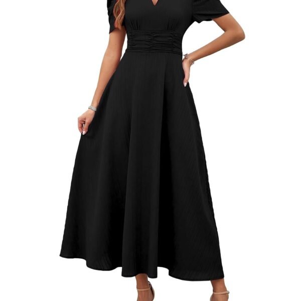 Shasmi Girl's & Women's Solid Color V-Neck A-Line Maxi Dress for Women | New Year Party Outfit | Waist Cinched Puff Sleeve Western | Elegant Casual Wear (Dress 246)