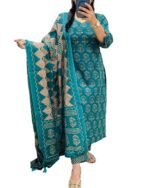 Rangnavi Women's Cotton Trending Straight Kurta with Pants and Dupatta Set | Ethnic Set (Teal)