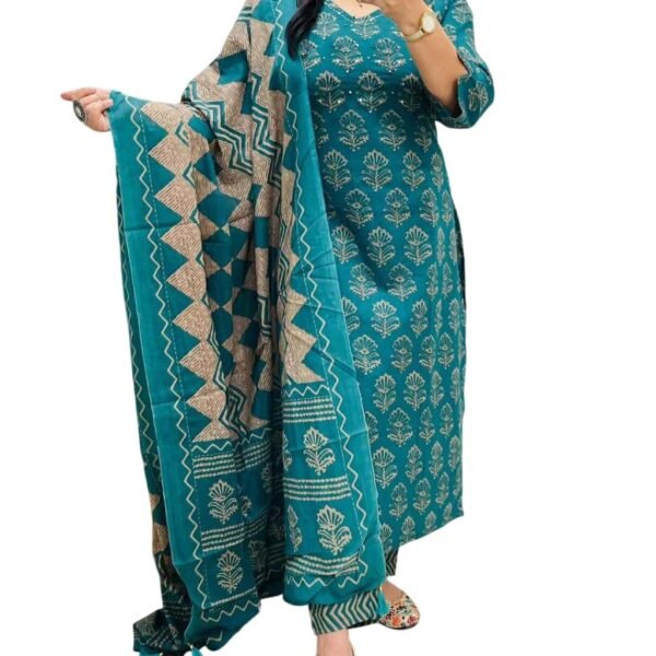 Rangnavi Women's Cotton Trending Straight Kurta with Pants and Dupatta Set | Ethnic Set (Teal)