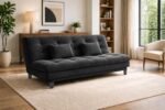 3-Seater Velvet Sofa Cum Bed, Tufted Convertible Sleeper Couch, Space-Saving Design, Comfortable Cushioned Seating - Black