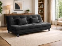 3-Seater Velvet Sofa Cum Bed, Tufted Convertible Sleeper Couch, Space-Saving Design, Comfortable Cushioned Seating - Black