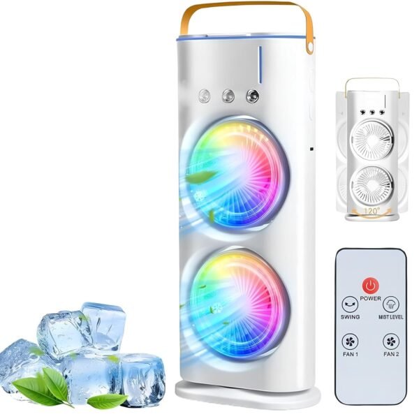 4000MaH DoUbLe EnDeD SpRaY FaN, CoLd AiR, 2025 NeW 3 GeArS UsB ReChArGeAbLe OsCiLlAtInG OnE WiTh LeD LiGhT CoOlEr, ToUcH & ReMoTe CoNtRoL, 280Ml WaTeR TaNk, IcE FiLlInG