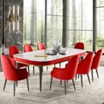 8-Seater Modern Wooden Dining Table Set | 2 Year Warranty | Created Italian Statuario Marble Top | Elegant Composite Marble Table with 8 Chairs (Maroon)