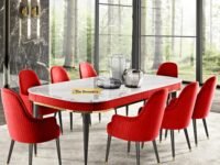 8-Seater Modern Wooden Dining Table Set | 2 Year Warranty | Created Italian Statuario Marble Top | Elegant Composite Marble Table with 8 Chairs (Maroon)